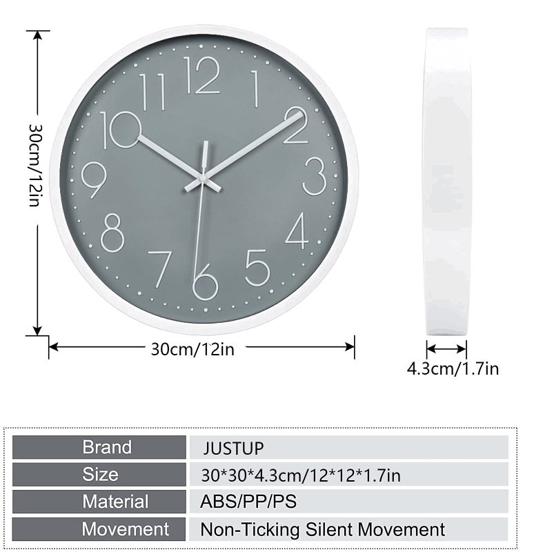JUSTUP 12in Non-Ticking Wall Clock, Silent Battery Operated Wall Clock with ABS Frame HD Glass Cover for Kids Living Room Bedroom Kitchen School Office Decor (Gray) - Image 3
